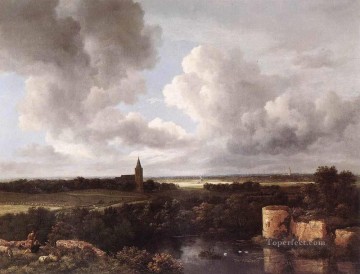  Ruined Oil Painting - An Extensive Landscape With A Ruined Castle And A Village Church Jacob Isaakszoon van Ruisdael